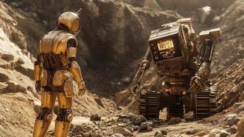 Two robots investigate a gemstone-rich mining site, surrounded by rocky terrain. The scene is bathed in natural sunlight, highlighting the intricate details of the robots and the earthy surroundings. photo