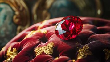 A striking red gemstone is elegantly positioned on a plush velvet cushion adorned with golden embellishments. The background hints at an opulent environment, enhancing its allure. photo