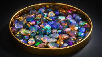 Various gemstones are beautifully arranged in a circular container, showcasing their vibrant colors and unique patterns under soft lighting, emphasizing their natural beauty and intricate designs. photo