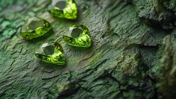 Green gemstones in a heart shape are arranged on a rough, textured surface, highlighting their brilliance. photo