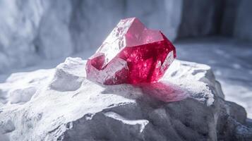 A radiantly red gemstone is positioned atop a rugged stone surface in a dimly lit, enchanting environment. The gem's facets catch light, creating a captivating display. photo