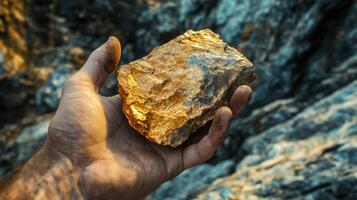 A hand grips a large piece of raw golden gemstone with rough texture, set against a backdrop of rugged rocks under warm natural light. The gemstone's luster captures the essence of untamed nature. photo