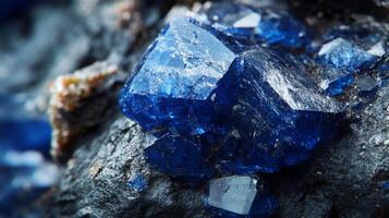 Vivid blue gemstone glimmers against a dark, rough background, showcasing its crystal formations and unique characteristics, brightened by natural light that highlights its depth and clarity. photo