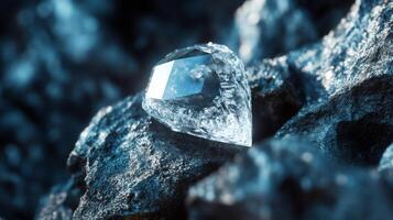 A stunning ai gemstone captures light beautifully as it sits atop a textured surface. The glimmering clarity and unique shape reflect the surrounding darkness, creating an enchanting contrast. photo