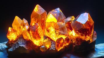 A beautiful cluster of gemstones displays a warm glow in a dark environment, showcasing various shapes and sizes. The colors range from deep amber to bright orange, highlighting their natural beauty. photo