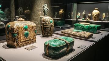A stunning array of gemstone artifacts featuring rich green hues is showcased in a sleek exhibit room. Intricate designs highlight the craftsmanship of each piece, inviting admiration from viewers. photo