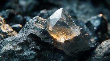 A clear ai gemstone glimmers atop rough, dark rocks, showcasing its sharp edges and captivating clarity. The interplay of light on the stone emphasizes its unique beauty in this serene environment. photo