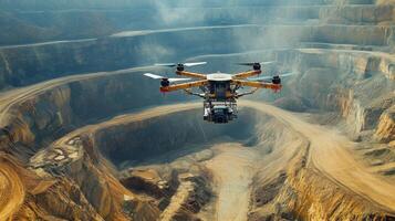 A drone operates above a sprawling gemstone mine, capturing detailed aerial views of the quarry intricate layers and earthwork. Sunlight reflects off the surrounding rocks and soil. photo