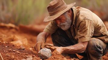 A skilled miner carefully extracts a gemstone from the earth, using traditional methods in a rugged outdoor setting. photo