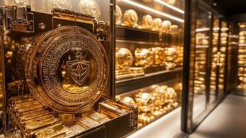 A stunning collection of ornate golden artifacts is highlighted in a contemporary exhibit. The display features intricately designed pieces encased in sleek glass, emphasizing the craftsmanship. photo