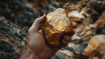 A hand holds a large golden gemstone amidst rocky surroundings. The natural sunlight highlights the gemstone's shiny surface, showcasing its vibrant color and unique formation in a rugged landscape. photo