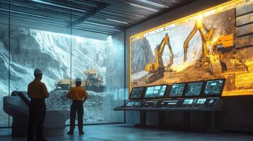 Workers carefully observe machinery operating in a gemstone extraction site through transparent screens. The facility showcases cutting-edge technology for efficient monitoring and operation. photo