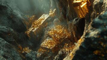 Golden gemstones sparkle amidst rugged rocks in a dimly lit cavern. The natural formations create a breathtaking display of color and texture, highlighting the beauty of geological wonders. photo