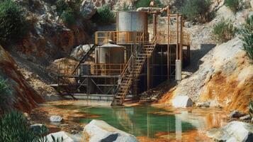 A gemstone extraction site is situated in a rocky landscape where machinery processes minerals. A clear body of water reflects the equipment and surrounding foliage under bright daylight. photo