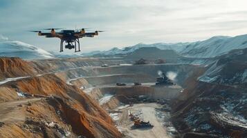 A drone hovers above a gemstone mining area nestled in mountains, capturing the vast open pit surrounded by equipment and machinery. The landscape features rocky surfaces and snow-capped peaks. photo