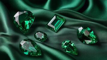 Multiple green gemstones are elegantly arranged on luxurious dark green fabric. photo