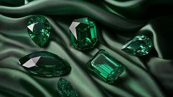 A beautiful arrangement of sparkling green gemstones rests on deep green fabric. Various cuts and shapes of the stones reflect light, showcasing their captivating beauty and intricate designs. photo