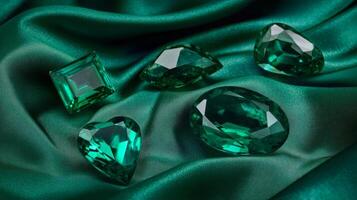 Several beautiful green gemstones are showcased on a rich, emerald-colored fabric. The arrangement highlights the brilliance and variety of the stones, creating an eye-catching composition. photo