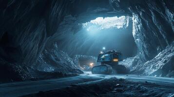 Deep in a remote cave, heavy mining equipment operates to extract valuable gemstones from stone. Dim blue lighting enhances the mysterious atmosphere of this underground operation. photo