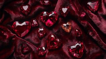 A collection of heart-shaped red gemstones is artistically arranged on deep red velvet fabric. The various sizes of the gemstones reflect light beautifully, creating an elegant display. photo
