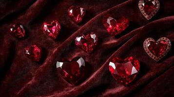 Shimmering red gemstones in various heart shapes are arranged on a rich, dark fabric. The collection sparkles, showcasing their unique cuts and brilliance. The ambience suggests romance and luxury. photo