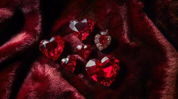 A collection of red heart-shaped gemstones is beautifully arranged on soft, luxurious fabric. photo