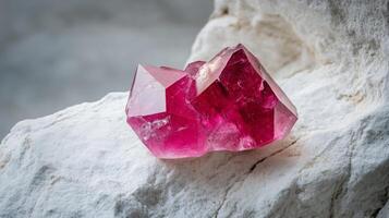 This striking red gemstone features a beautifully formed crystalline structure, resting on a natural stone surface. The vibrant color and transparency highlight its unique qualities and beauty. photo
