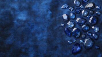 Sapphires and various gemstones lay scattered on a deep blue fabric, highlighting their stunning colors and cuts. The arrangement showcases the elegance and allure of each unique stone. photo