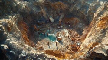 Miners are busy extracting gemstones from a deep mining site. The area features rocks, machinery, and a pool of water, illustrating the challenging conditions and labor involved in the process. photo