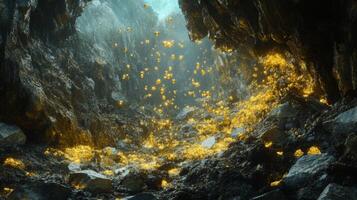 Deep within a mystical cave, shimmering golden crystals sparkle against rocky surfaces. photo