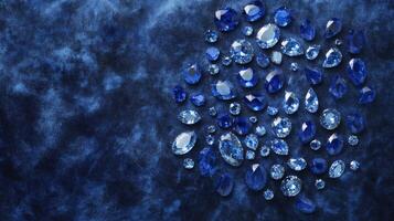 A captivating collection of blue gemstones in various cuts and shapes is artistically displayed on a rich blue fabric. photo