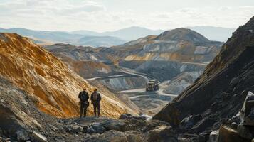 Two workers observe a gemstone mining operation in a large quarry filled with colorful mineral layers. Machinery can be seen in the background, highlighting the scale of the mining activity. photo