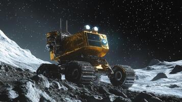 A robotic exploration vehicle maneuvers across the moon's rugged terrain at night. Equipped with advanced technology, it searches for precious gemstones while illuminated by its powerful lights. photo