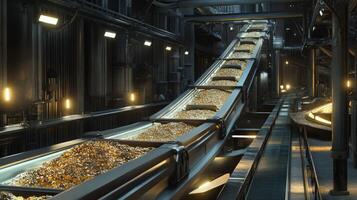 A conveyor belt filled with sparkling gemstones moves through a dimly lit, high-tech mining facility. photo
