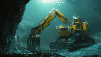 Underwater mining takes place in an illuminated underwater cavern, showcasing a powerful AI-operated excavator extracting precious gemstones. photo