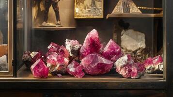 Bright pink gemstones with unique crystal formations are prominently displayed in a glass showcase at a geological exhibition. photo