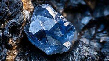 A captivating blue gemstone glimmers with metallic highlights, embedded within a rugged, dark mineral backdrop. The gemstone's facets catch light, enhancing its vivid color and sheen. photo