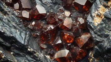 Clusters of deep red gemstones are vividly embedded in rough, dark volcanic rock. The unique textures and shapes of the gems highlight their natural beauty, showcasing mineral diversity in geology. photo