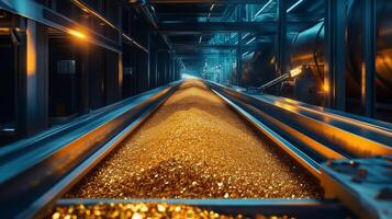 In a modern processing facility, a conveyor belt carries mounds of shimmering gold and gemstones under dramatic lighting. The environment is bustling with activity as workers oversee operations. photo