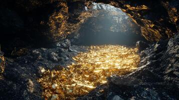 A cavern filled with sparkling gemstones and golden reflections creates an enchanting atmosphere. The light illuminates the rocky surroundings, casting intriguing shadows on the walls. photo