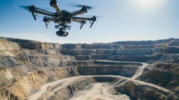 A drone hovers above a large gemstone mining site, capturing aerial views of the multi-layered excavation. The clear sky and sun highlight the extensive quarrying activity below, revealing raw earth. photo