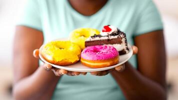 Cropped view of curvy black lady holding plate of sweets, having adhesive bandage on her mouth, refusing to eat desserts, keeping on weight loss diet, suffering from food restrictions, closeup photo