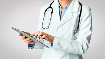 Modern technologies in medicine. Smiling adult woman doctor looking medical history in tablet, isolated on light background, studio shot photo