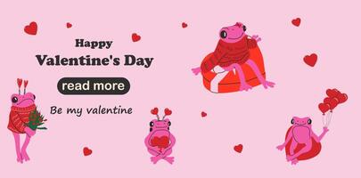Web page design template. Set of Cute frog with valentines decorations. Happy Valentine's Day vector
