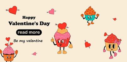 Web page design template. Retro set cupcake 30s cartoon mascots characters. Happy Valentine's Day vector