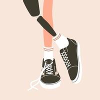Female legs, including a prosthetic leg, are styled with sneakers and lace socks in a retro fashion vector