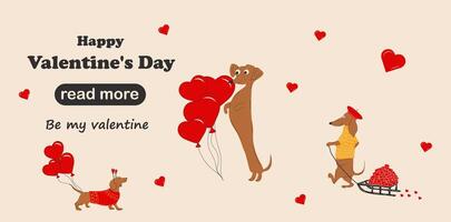 Web page design template. Dachshunds dogs pulls a hearts, valentines on a sleigh and decorate balloons in the shape of a heart. Happy Valentine's Day vector