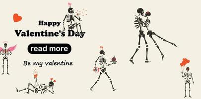 Web page design template. Set of Funny Skeletons with decor for Valentine's day. Cute character Skeleton Bones. Happy Valentine's Day vector