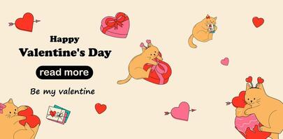 Web page design template. Set of Cute cats with valentines decorations. Happy Valentine's Day vector