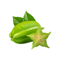 Green star fruit with slices and leaf on transparent background png